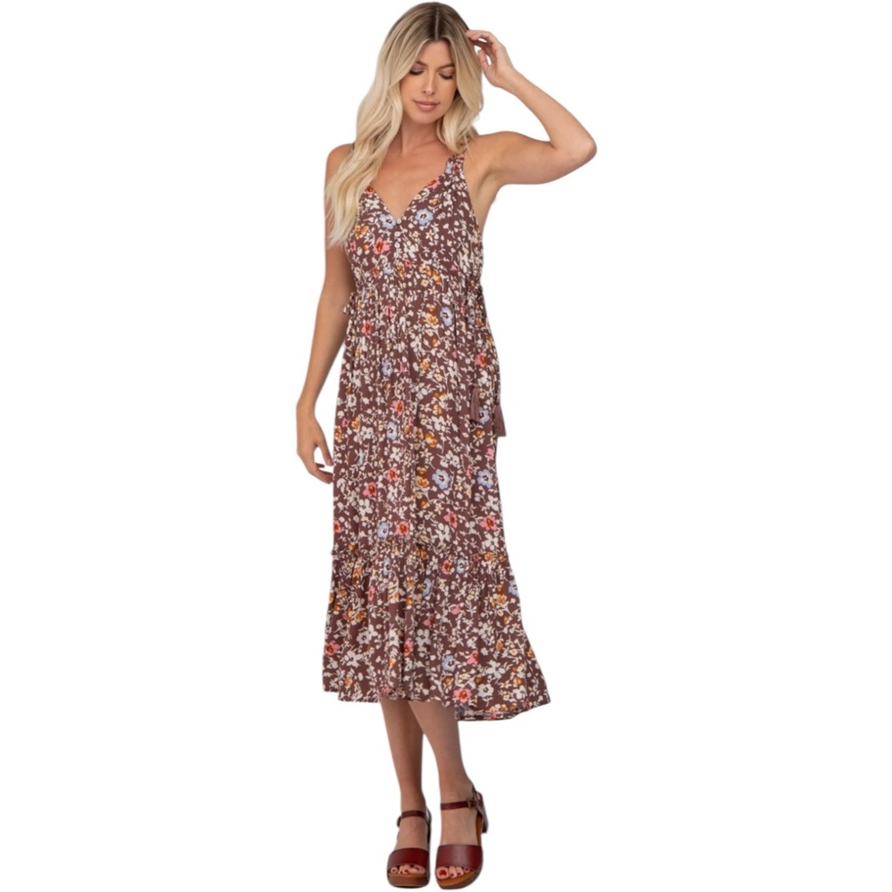 Pinkblush Boho Brown Floral Empire Waist Ruffle Hem Maternity Midi Dress Small